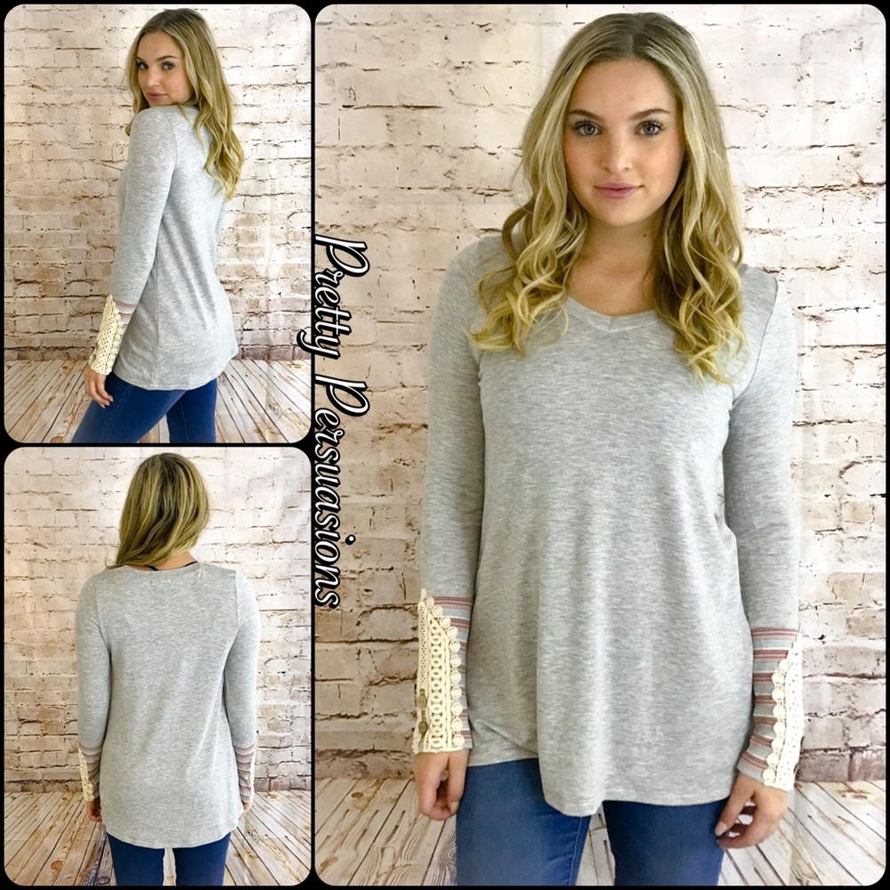 LAST ONE‼️Gray Long Sleeve Lace & Button Cuff Top - Picture 1 of 8